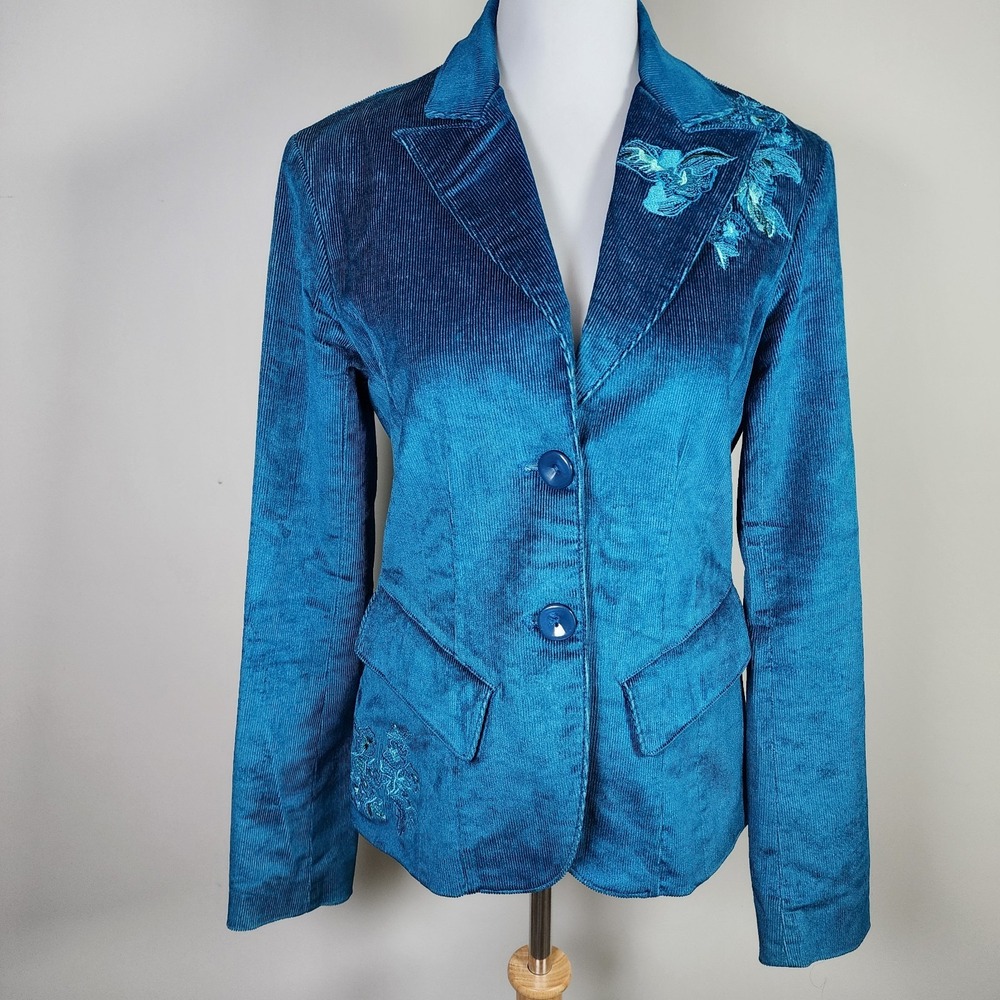 Armor Jeans Corduroy Blazer‎ Womens XS Single Breasted Jacket Preppy Embroidery